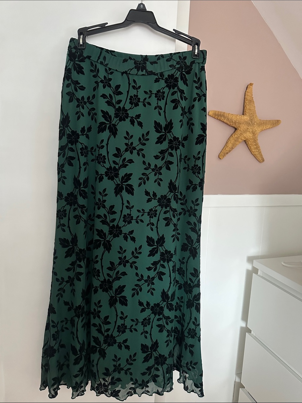 Emerald green floral embossed maxi skirt, mesh green maxi skirt, velvet skirt